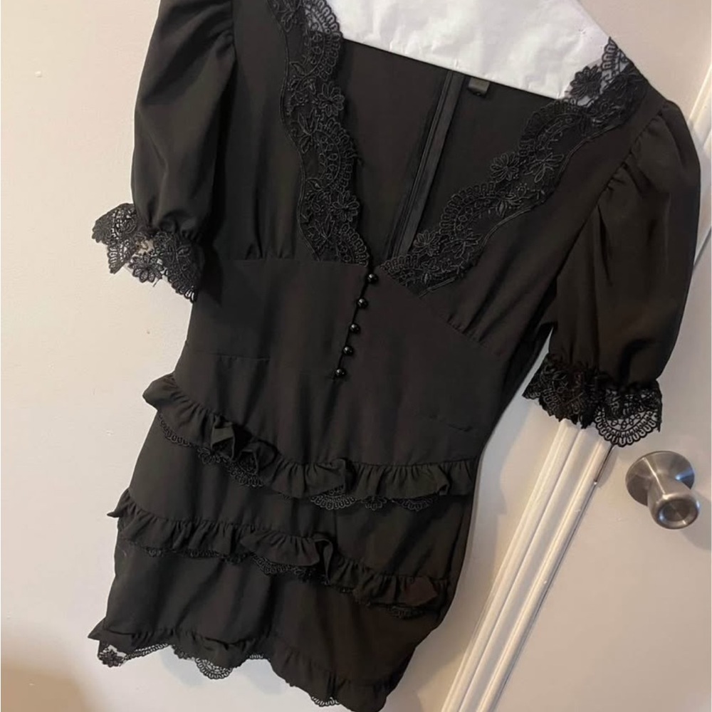 Black Mini Dress with Puff Sleeves and Sailor Collar